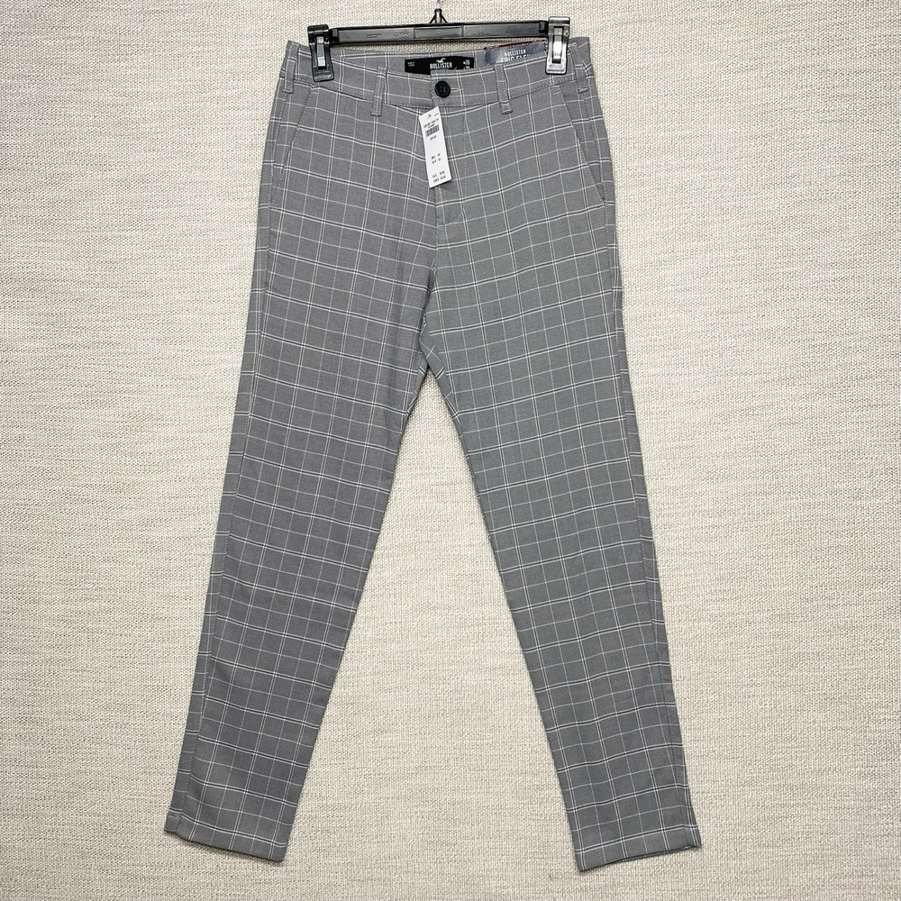 NEW Hollister Epic Flex Skinny Chino 26x30 Mens Flat Front Tapered Gray Plaid - Picture 2 of 7